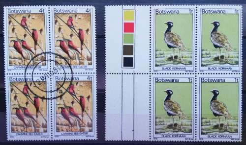 Botswana birds 1978 1t block of 4 MNH and 4t block of 4 used
