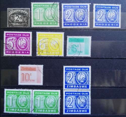 Rhodesia, Southern Rhodesia & Zimbabwe lot of 8 singles & 2 pairs, used postage dues, 1951-1985
