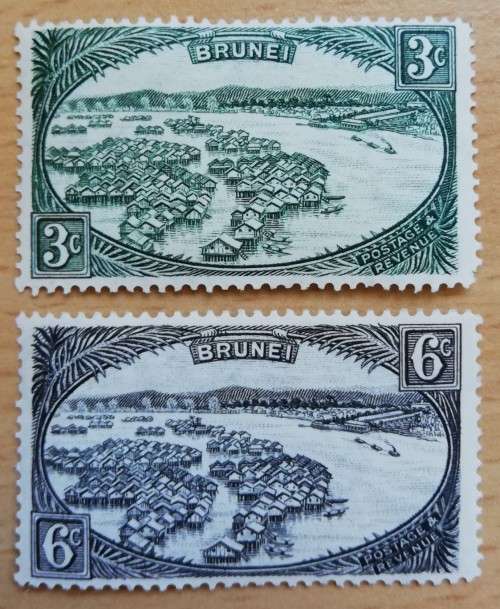 Brunei 3c (1947) and 6c (1924, 38mm) unused hinged