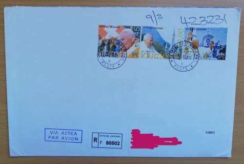 Lot of 7 Registered airmail letters Vatican City to Cape Town 1994-2006