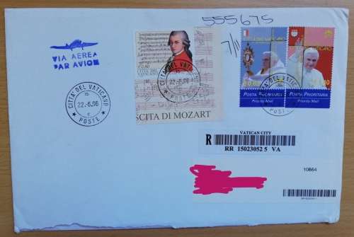 Lot of 7 Registered airmail letters Vatican City to Cape Town 1994-2006
