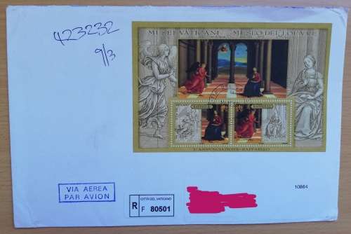 Lot of 7 Registered airmail letters Vatican City to Cape Town 1994-2006