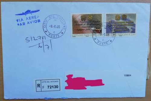 Lot of 7 Registered airmail letters Vatican City to Cape Town 1994-2006