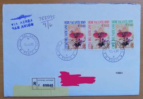 Lot of 7 Registered airmail letters Vatican City to Cape Town 1994-2006