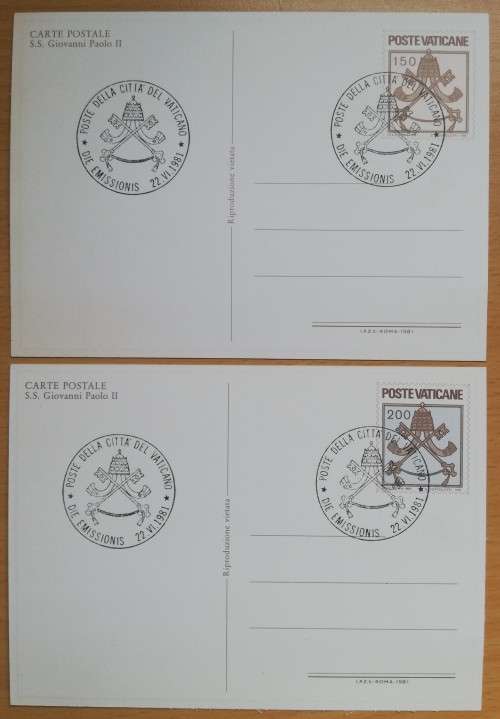 1981 Vatican City lot of 2 unused postcards Pope Blessing - with official cancellations
