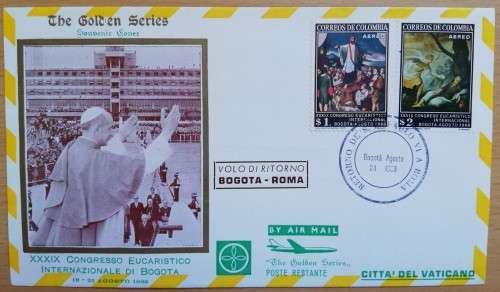 1968 Colombia Bogota Golden Series #106 airmail cover + 2 postage due stamps Vatican