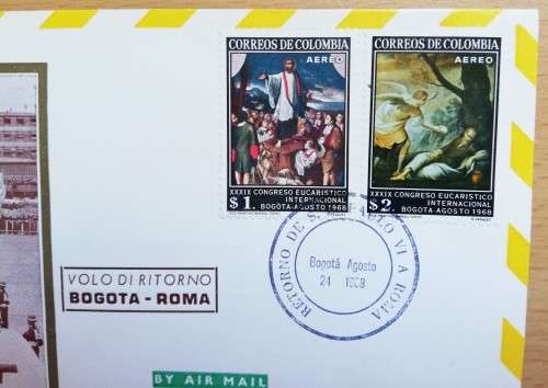1968 Colombia Bogota Golden Series #106 airmail cover + 2 postage due stamps Vatican