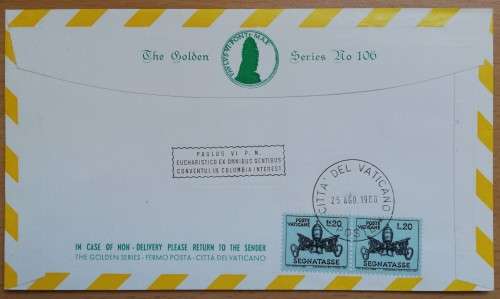 1968 Colombia Bogota Golden Series #106 airmail cover + 2 postage due stamps Vatican