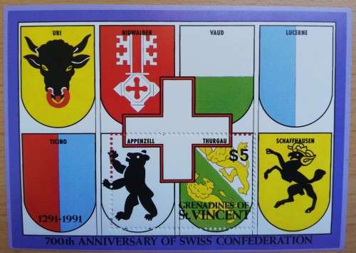 Pair of 1991 Swiss Confederation 700th Anniversary minisheets - Guyana + St Vincent