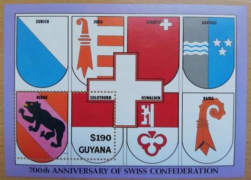 Pair of 1991 Swiss Confederation 700th Anniversary minisheets - Guyana + St Vincent
