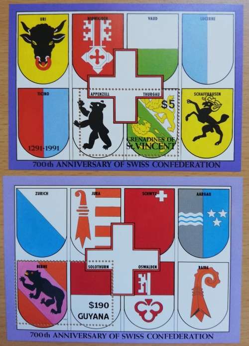 Pair of 1991 Swiss Confederation 700th Anniversary minisheets - Guyana + St Vincent