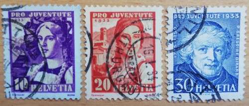 1933 Switzerland Pro Juventute 10, 20 & 30 C, used