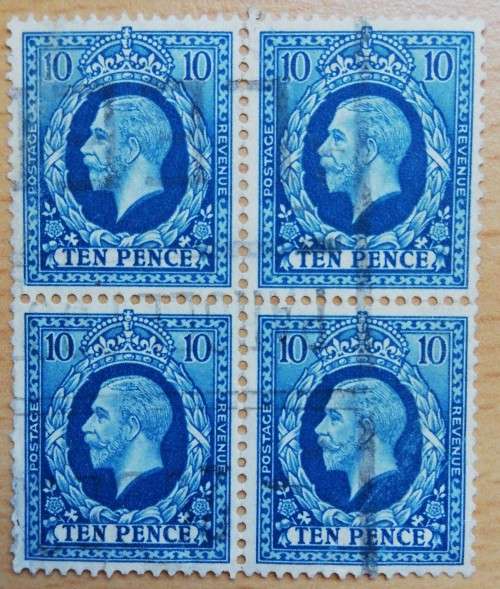 Great Britain 1934-1936 10 Pence block of 4 used - perf tear 3/4 up middle row