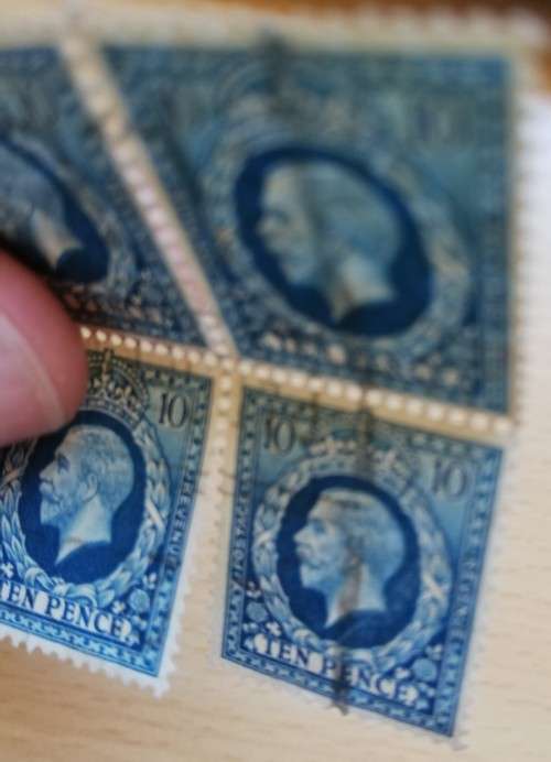 Great Britain 1934-1936 10 Pence block of 4 used - perf tear 3/4 up middle row