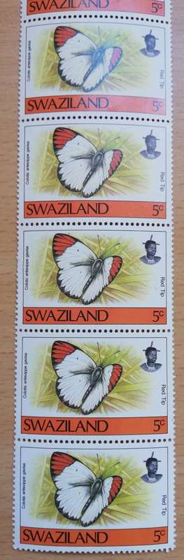 1992 Swaziland butterfly 5c strip of 7 MNH