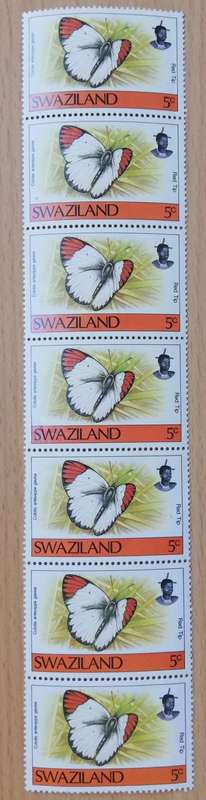 1992 Swaziland butterfly 5c strip of 7 MNH