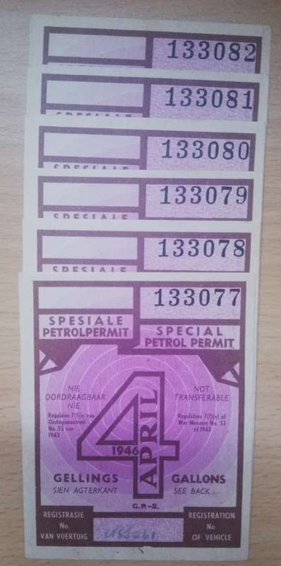 SA 1946 Special petrol permit, 4 gallons (x6) - unused, in sequence