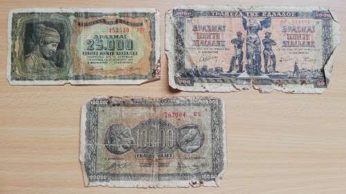 Three Greece WW2 well-used banknotes - see listing for detail