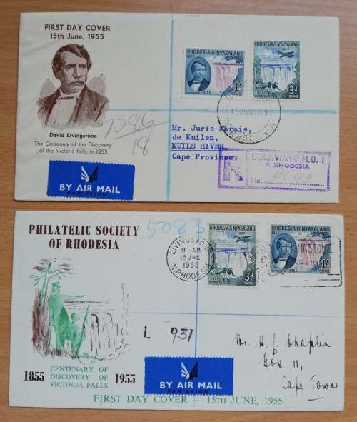 1955 Rhodesia & Nyasaland pair of Illustrated FDCs registered airmail to Cape Town