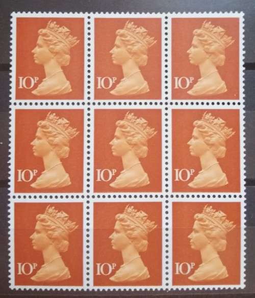 1971 Great Britain 10p terracotta & orange brown block of 9 MNH