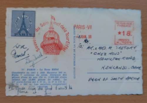 1956 France Souvenir Card of the Eiffel Tower to Cape Town