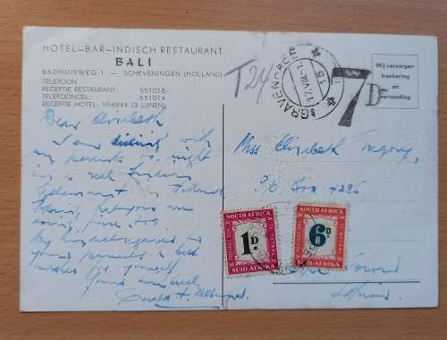Postcard Holland to Cape Town 1953 with 1D & 6D dues
