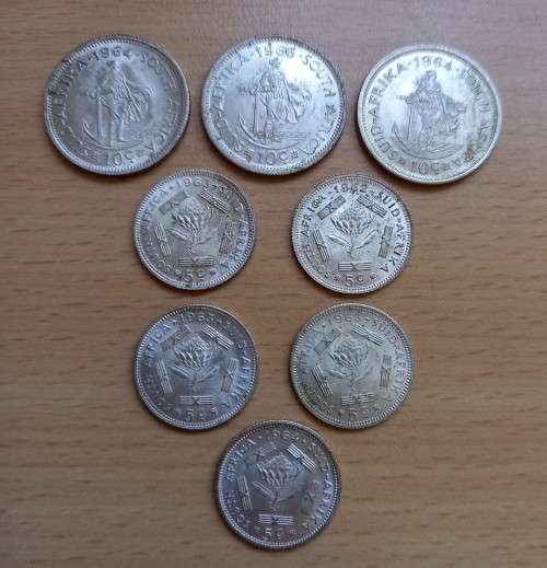 SA lot of 5 silver 5c & 3 silver 10c coins - could be from proof sets