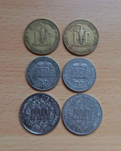West African States lot of 6 coins 1970s & 80s - 10 to 100 Francs