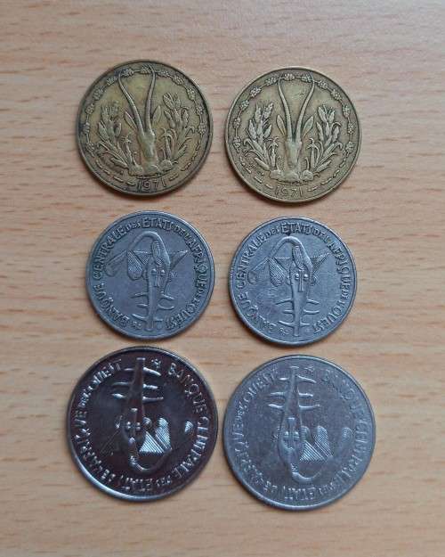 West African States lot of 6 coins 1970s & 80s - 10 to 100 Francs