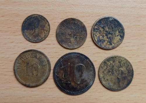 Germany lot of 6 werth marke tokens, some with overstamps