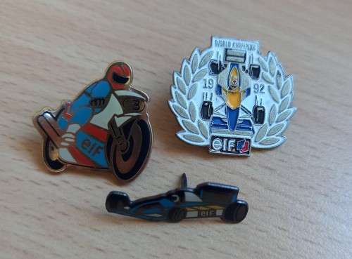 Lot of 3 vintage Elf racing lapel pin badges