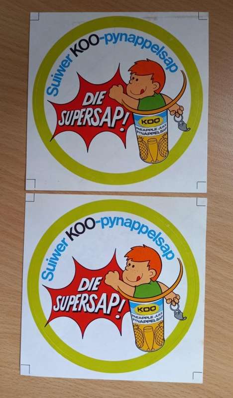Vintage pair of KOO pynappelsap stickers