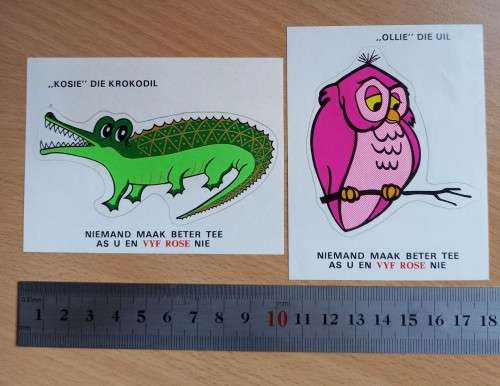 Vintage pair of collectible Five Roses / Vyf Rose tea stickers - Ollie Uil & Kosie Krokodil