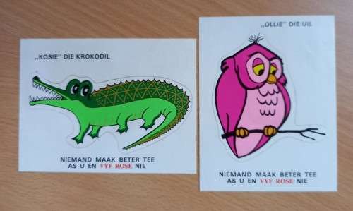 Vintage pair of collectible Five Roses / Vyf Rose tea stickers - Ollie Uil & Kosie Krokodil