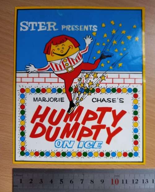 Large vintage sticker for Marjorie Chase`s Humpty Dumpty On Ice ice skating performance - by Ster