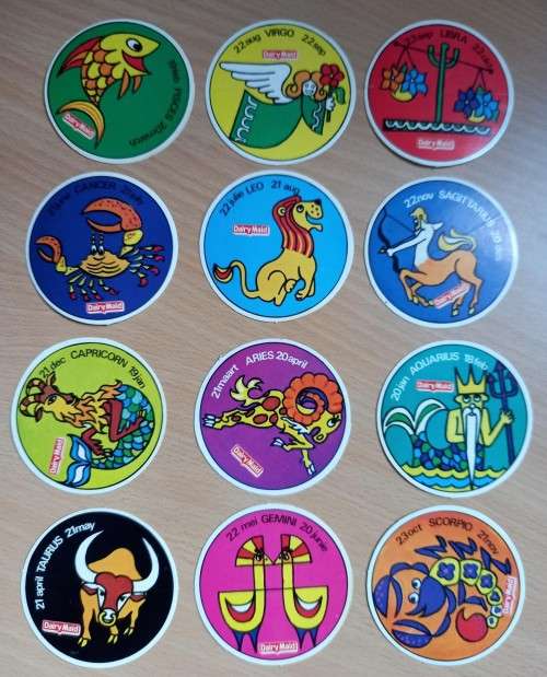 Full set of 12 Dairy Maid zodiac card stickers, 1970s