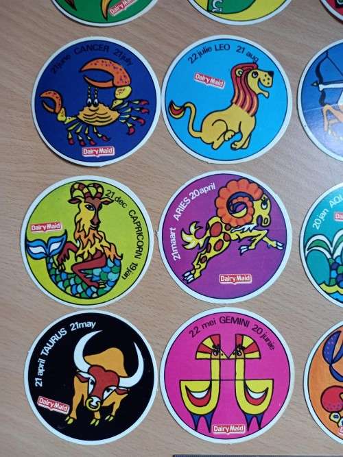Full set of 12 Dairy Maid zodiac card stickers, 1970s