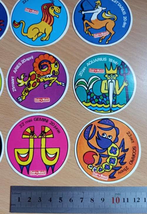 Full set of 12 Dairy Maid zodiac card stickers, 1970s
