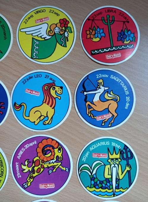 Full set of 12 Dairy Maid zodiac card stickers, 1970s