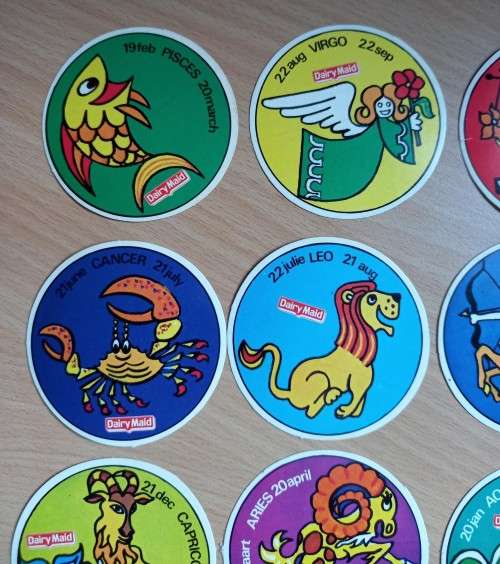 Full set of 12 Dairy Maid zodiac card stickers, 1970s