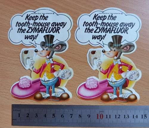Vintage pair of Zymafluor mouse stickers