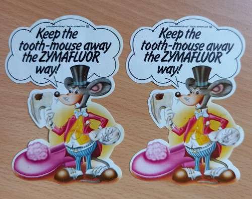 Vintage pair of Zymafluor mouse stickers