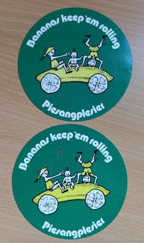 Vintage pair of Bananas Keep `em Rolling / Piesangplesier stickers