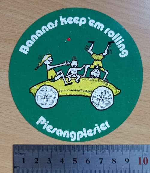 Vintage pair of Bananas Keep `em Rolling / Piesangplesier stickers