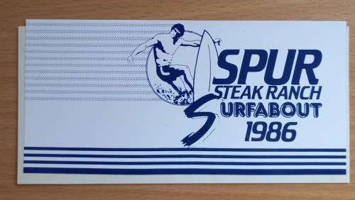 Rare vintage Spur Steak Ranch Surfabout 1986 sticker