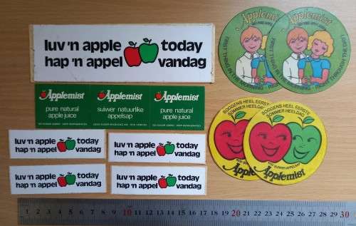 Lot of 13 vintage Applemist apple juice & `luv `n apple` stickers