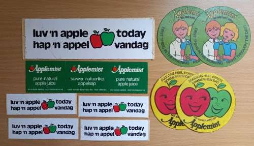 Lot of 13 vintage Applemist apple juice & `luv `n apple` stickers
