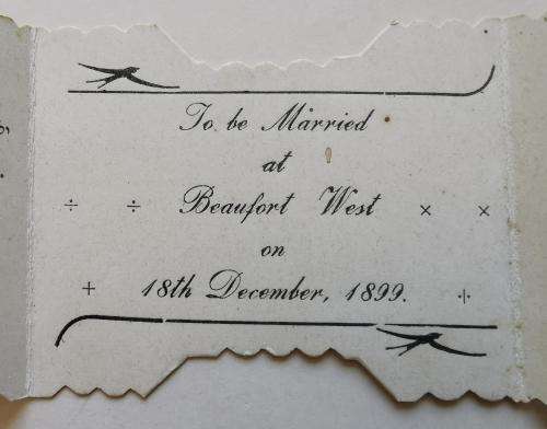 Stunning Boer War-era hand-made wedding invitation, Beaufort West 1899