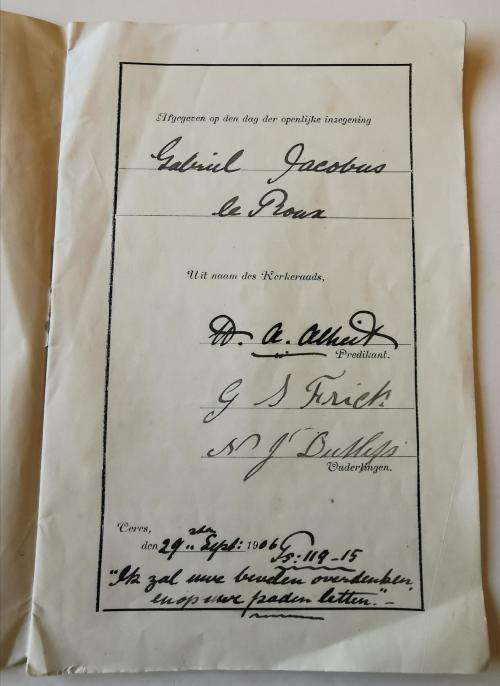 Very early Dutch Reformed Church membership acceptance booklet 1903