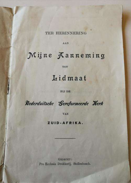 Very early Dutch Reformed Church membership acceptance booklet 1903